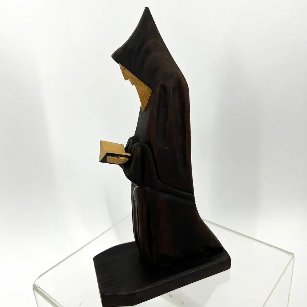 Vintage Wood Hand Carved Religious Monk Priest Friar with Prayer Beads and Bible